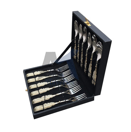Maverics Brass Leaf Handle Design 6 Serving Spoon and 6 Serving Fork Set of 12 PCs Cutlery Set