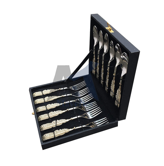 Maverics Brass Leaf Handle Design 6 Serving Spoon and 6 Serving Fork Set of 12 PCs Cutlery Set