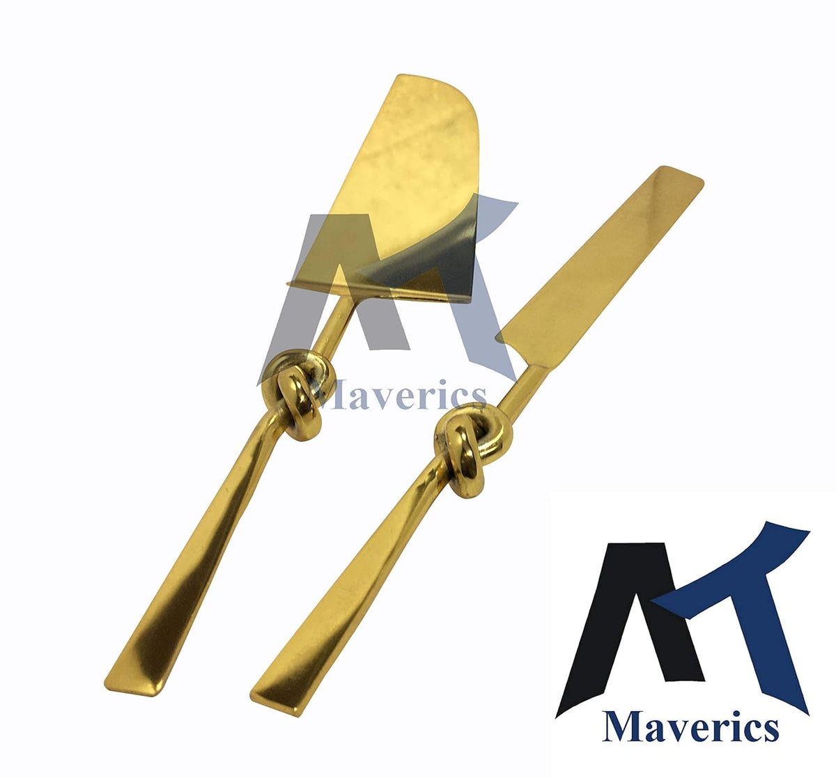 Maverics Cake Cutter Knife and Server Spatula Cutting Set of 2 | Single Knot Handle Design | Made with Brass (Gold Plated) | Pizza Knife Pie Server | Best for Gifting