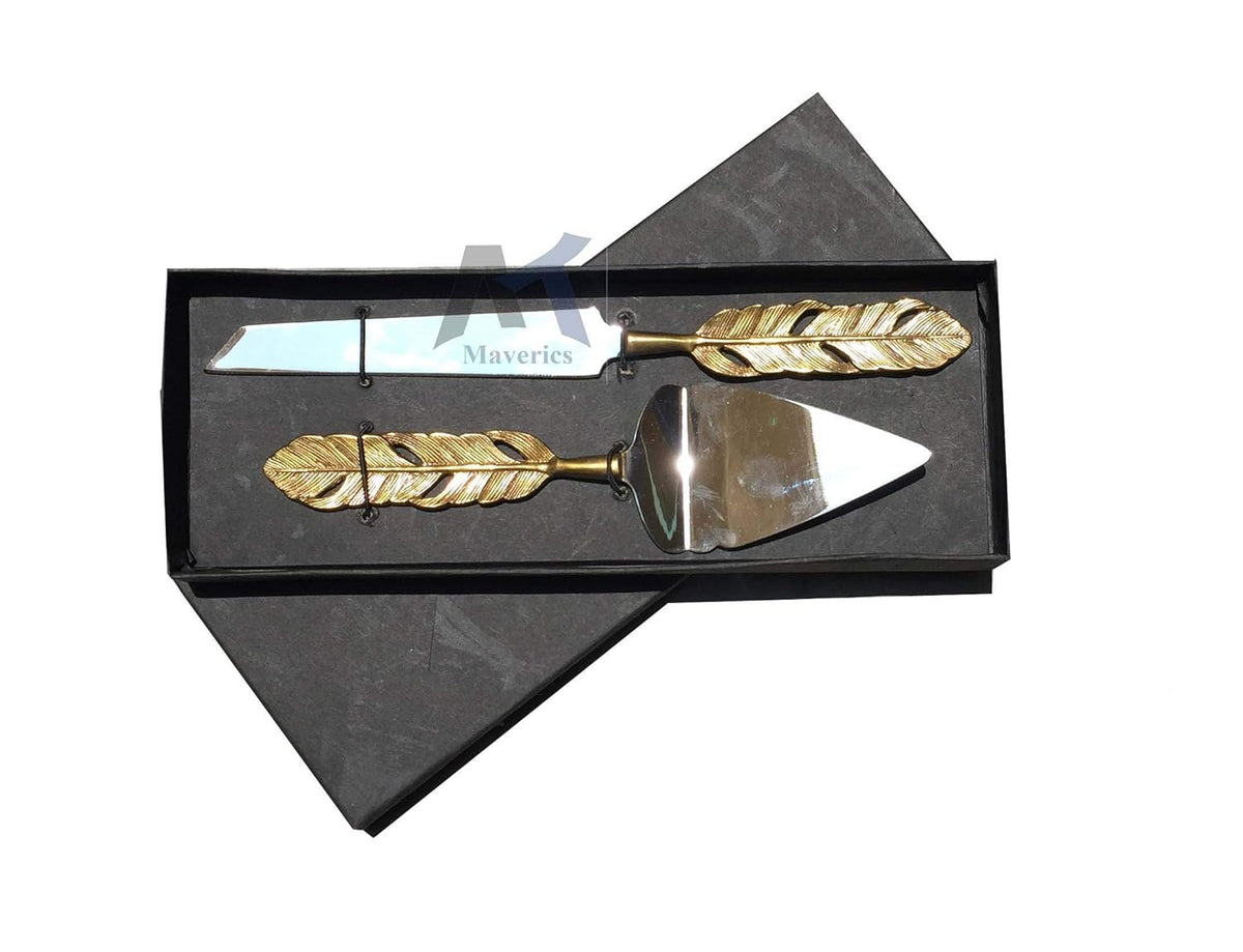 Maverics Cake Cutter Knife and Server Set of 2 | Golden Feather Antique Handle Design | Made with Brass (Gold Plated) | Pizza Knife Pie Server | Best for Gifting