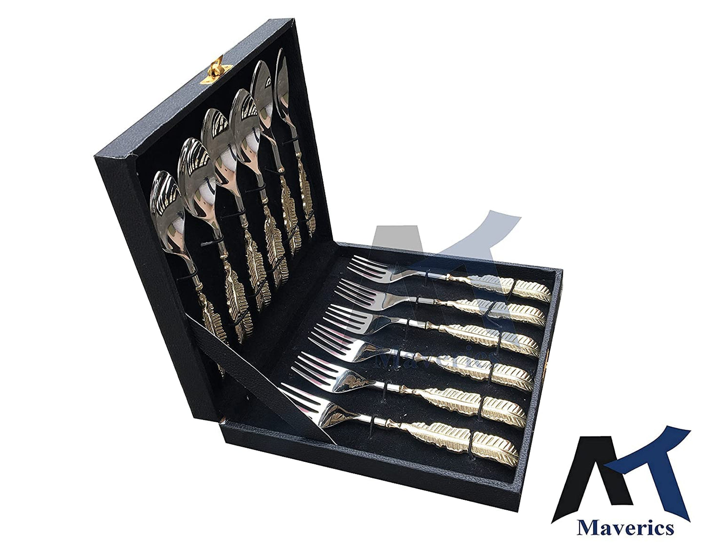 Maverics Brass Leaf Handle Design 6 Serving Spoon and 6 Serving Fork Set of 12 PCs Cutlery Set