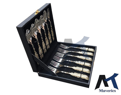 Maverics Brass Leaf Handle Design 6 Serving Spoon and 6 Serving Fork Set of 12 PCs Cutlery Set