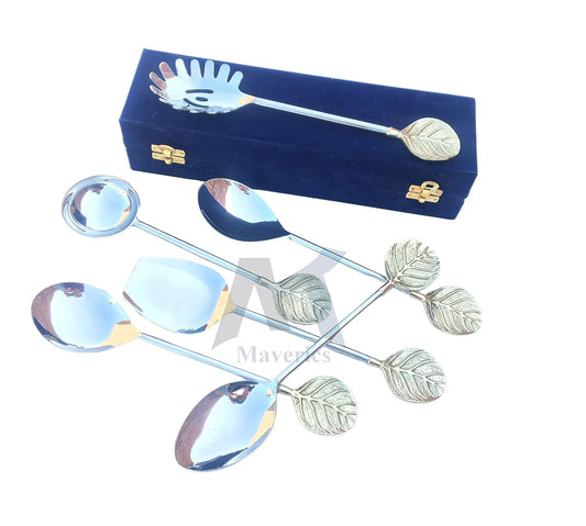 Maverics Round Leaf Design Serving Spoon Set of 6 pcs Made with Brass