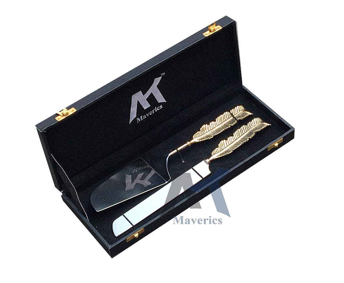 Maverics Cake Cutter Knife and Server Set of 2 | Single Leaf Handle Design | Made with Brass (Gold Plated) | Pizza Knife Pie Server | Best for Gifting