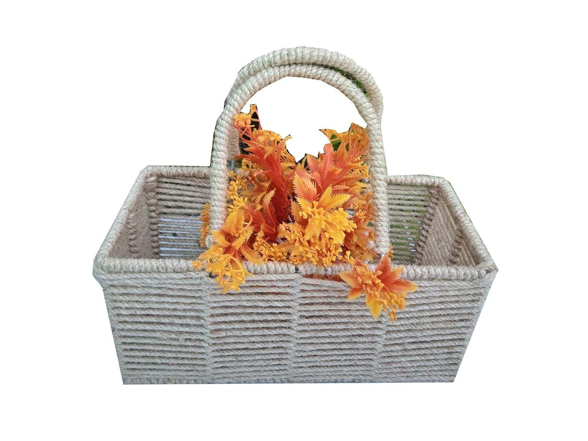 Maverics Handmade Jute Tray for Gift Hamper | Decorative Wedding Dress Serving Platter | Big Rectangle With Handle Rope Storage Basket | Organize Home Living Room Centre Dining Table White 12*8*8 Inch