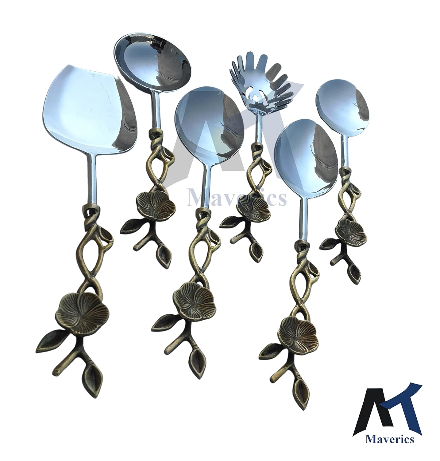 Maverics Brass Antique Center Flower with Leaf Design Serving Spoon Set of 6 pcs Made with Brass
