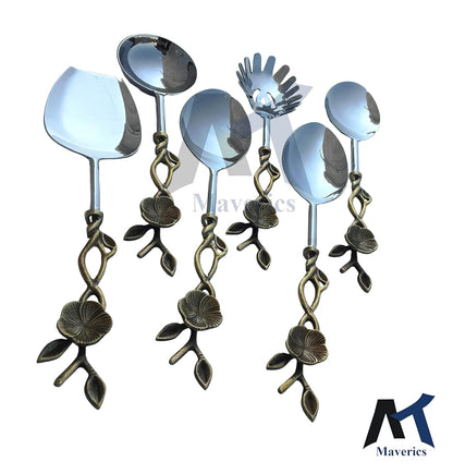 Maverics Brass Antique Center Flower with Leaf Design Serving Spoon Set of 6 pcs Made with Brass