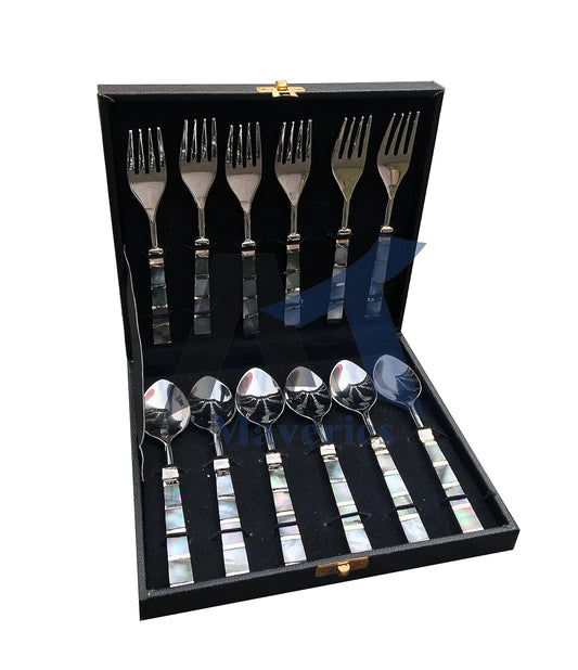 Maverics Black Mother of Pearl Single Design Stainless Steel Set of 6 Serving Spoon and 6 Serving Fork Cutlery Set