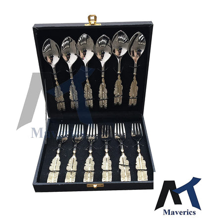 Maverics Brass Leaf Handle Design 6 Serving Spoon and 6 Serving Fork Set of 12 PCs Cutlery Set