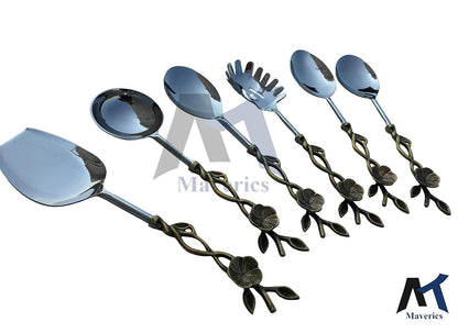 Maverics Brass Antique Center Flower with Leaf Design Serving Spoon Set of 6 pcs Made with Brass
