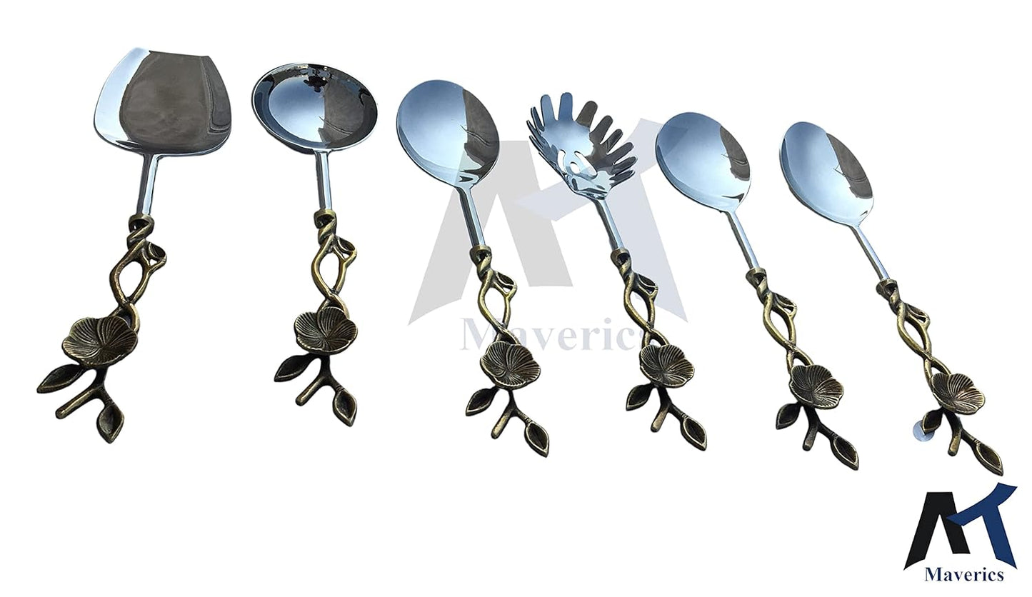 Maverics Brass Antique Center Flower with Leaf Design Serving Spoon Set of 6 pcs Made with Brass