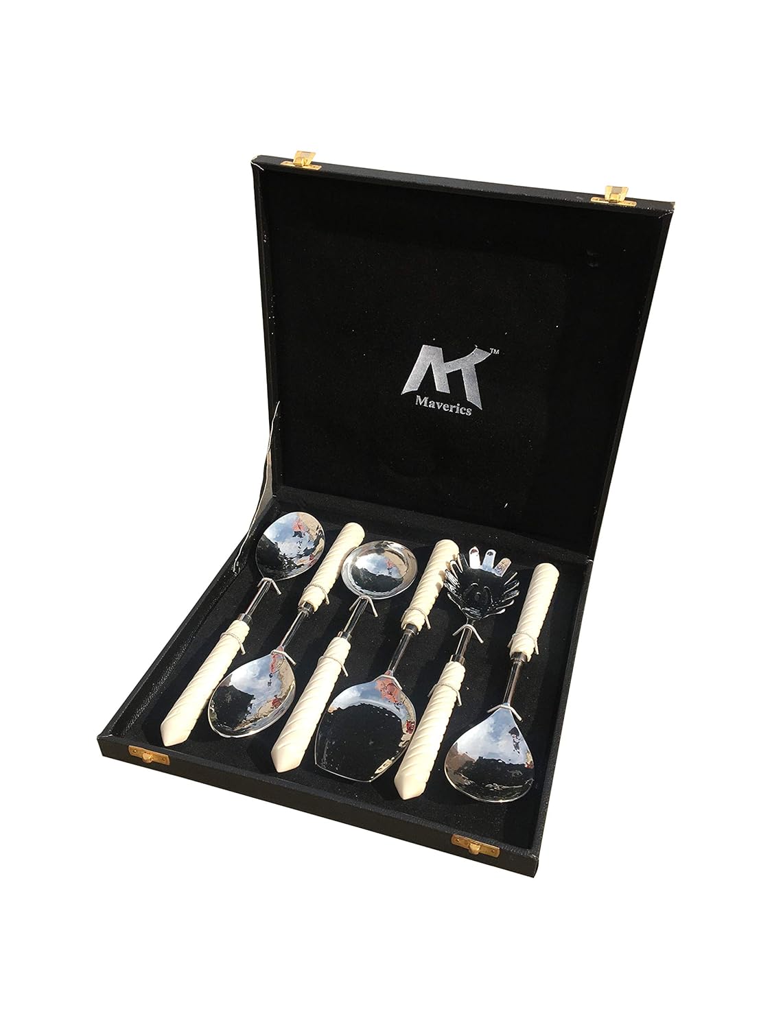 Maverics Gold Polished Classique Serves Designer Serving Spoon Set Gift Box | Flatware Cutlery Antique Handle Design | Made with Brass | Set of 6