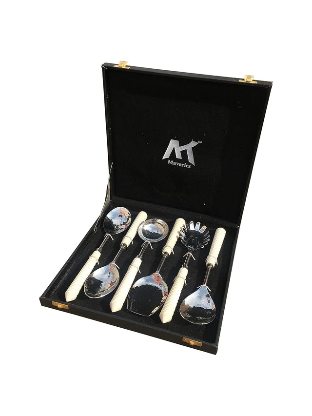 Maverics Gold Polished Classique Serves Designer Serving Spoon Set Gift Box | Flatware Cutlery Antique Handle Design | Made with Brass | Set of 6
