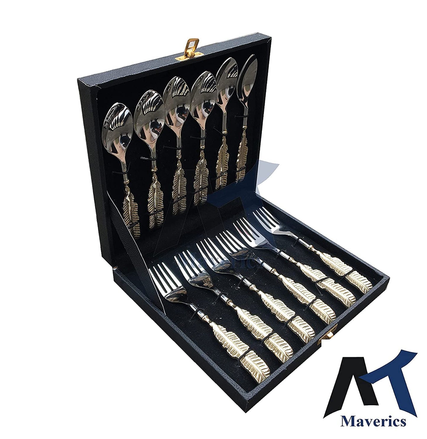 Maverics Brass Leaf Handle Design 6 Serving Spoon and 6 Serving Fork Set of 12 PCs Cutlery Set