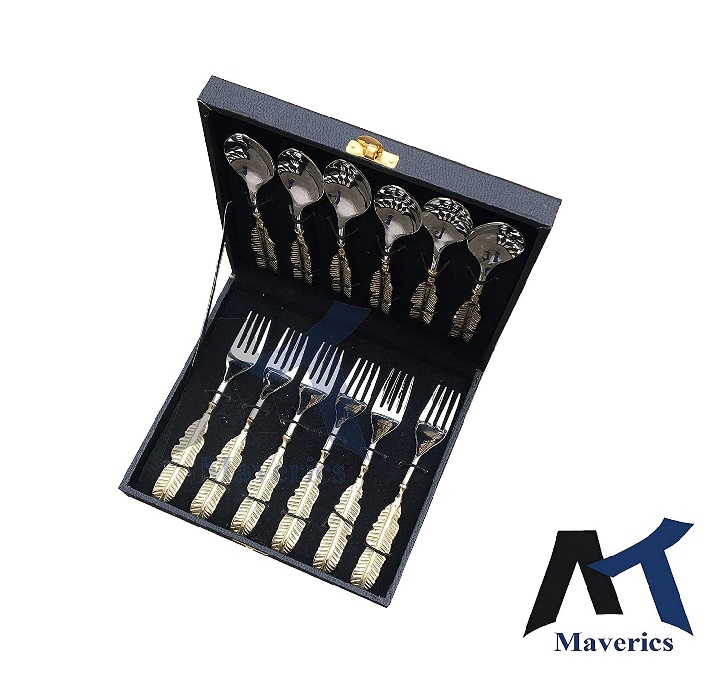 Maverics Brass Leaf Handle Design 6 Serving Spoon and 6 Serving Fork Set of 12 PCs Cutlery Set