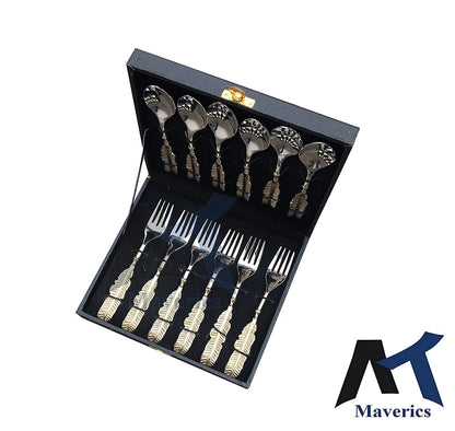Maverics Brass Leaf Handle Design 6 Serving Spoon and 6 Serving Fork Set of 12 PCs Cutlery Set