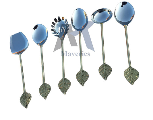 Maverics Single Brass Leaf Serving Spoon Set of 6 pcs Made with Brass for Dining, Kitchen, Homeware