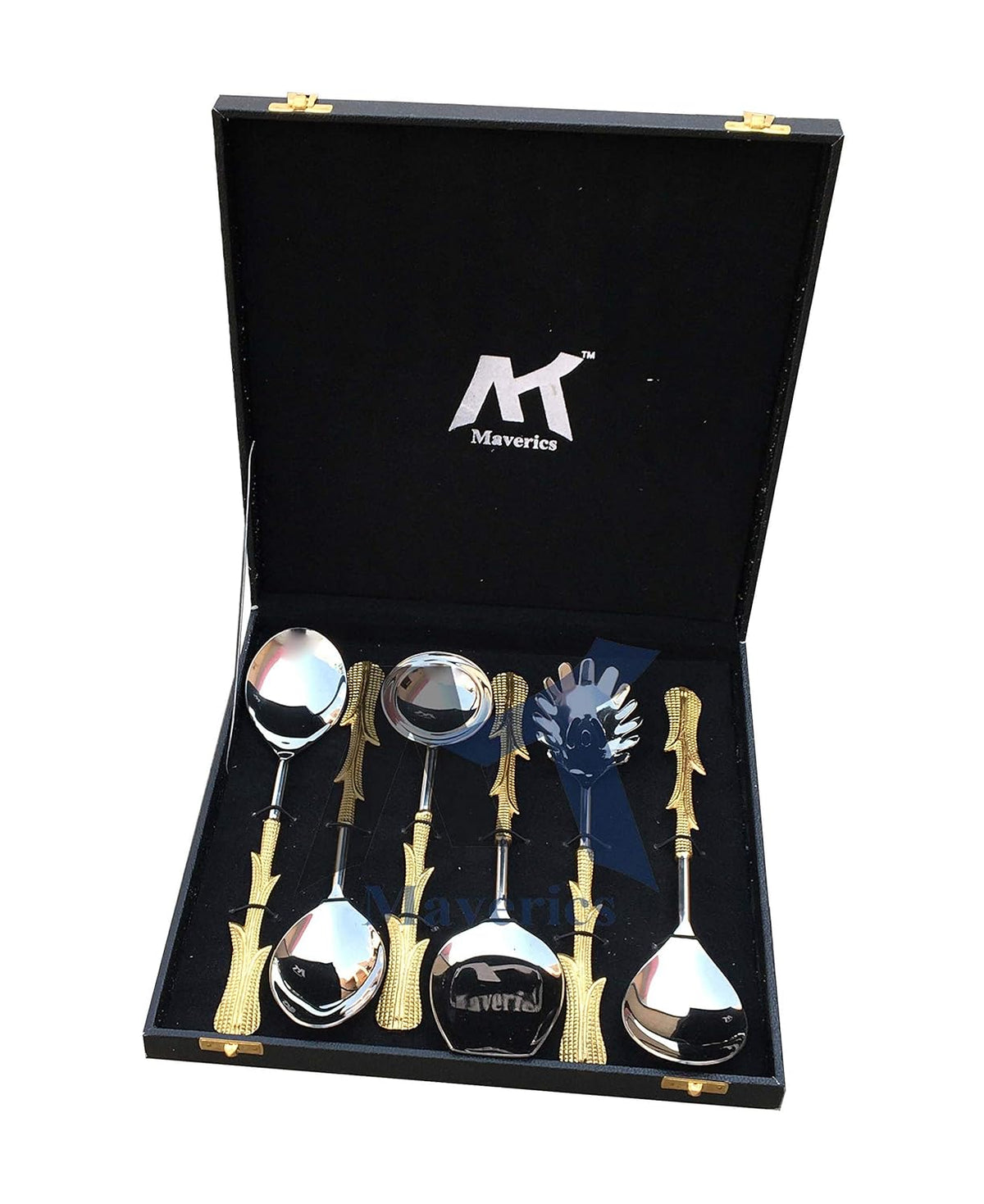 Maverics Exquisite Gold Classique Serving Spoon Set | Brass Flatware with Multi Leaves Handle | Designer Gift Box | Set of 6