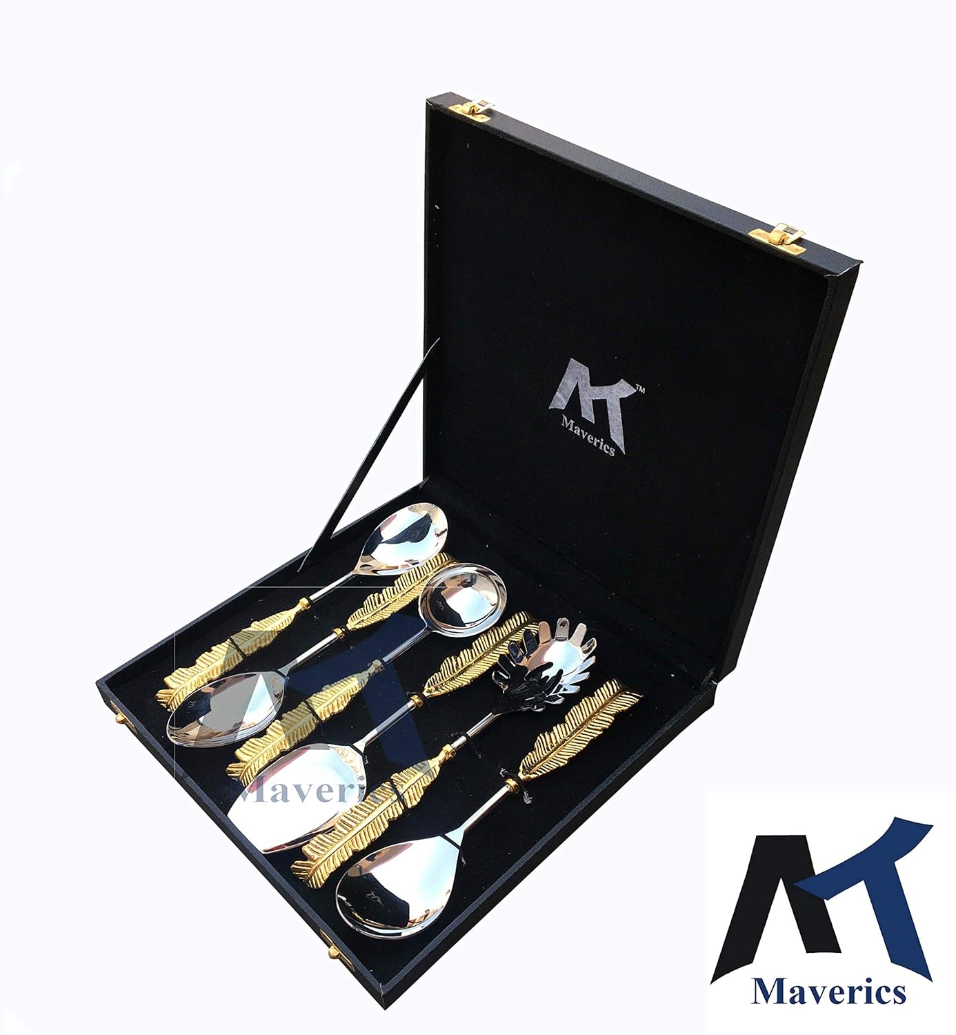Maverics Exquisite 6-Piece Pure Brass Leaf Handle Serving Spoon Set in Gold, Handmade with Love, Elegant Black Gift Box Included