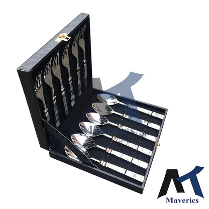 Maverics Black Mother of Pearl Single Design Stainless Steel Set of 6 Serving Spoon and 6 Serving Fork Cutlery Set