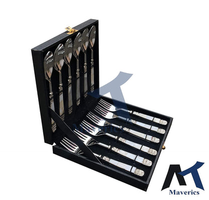 Maverics Classic Cutlery Set with Mother of Pearls & Beautiful Packing 12 Pieces, Set of 6 Dinner Spoon and 6 Serving Fork | Home Wedding & Corporate Diwali Gift