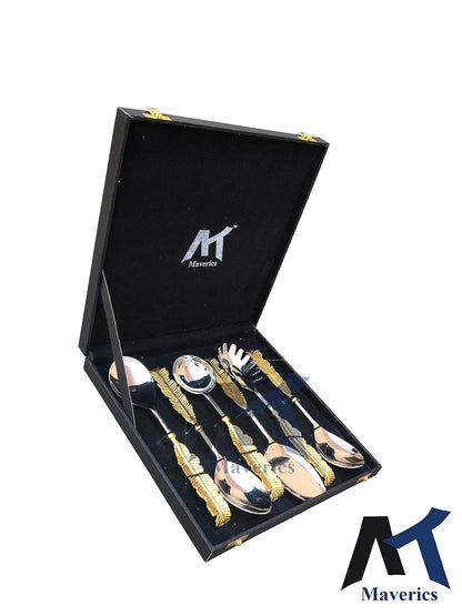 Maverics Exquisite 6-Piece Pure Brass Leaf Handle Serving Spoon Set in Gold, Handmade with Love, Elegant Black Gift Box Included