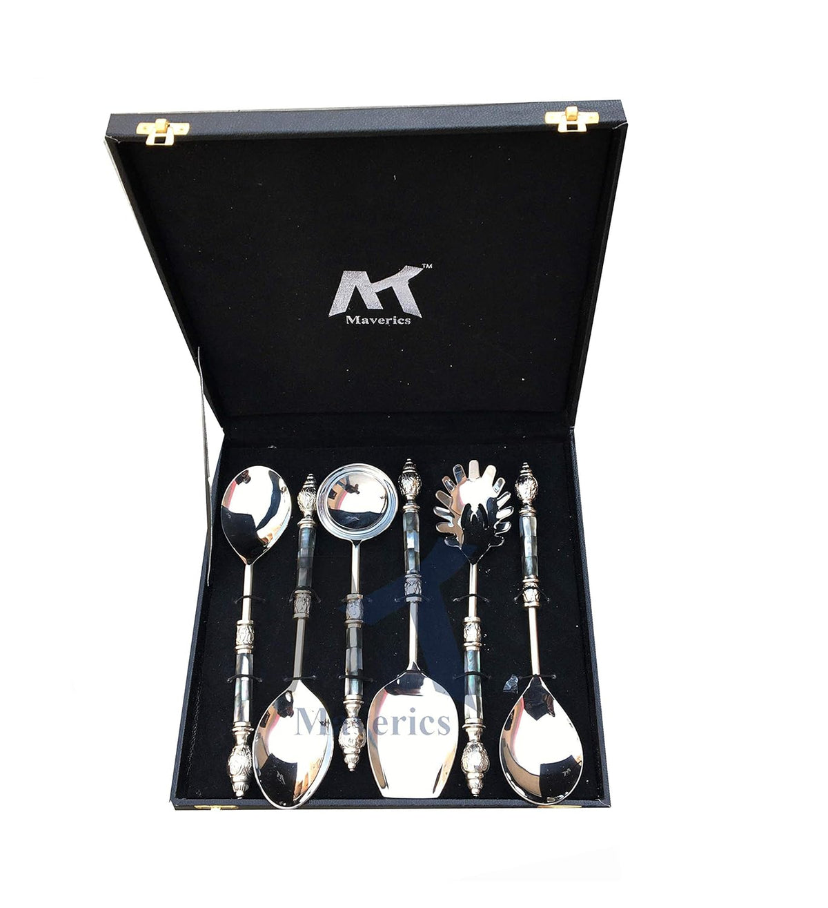 Maverics Black Mother of Pearl (MOP) with Round Emboss Aluminium Handle Serving Spoon (6 Piece)