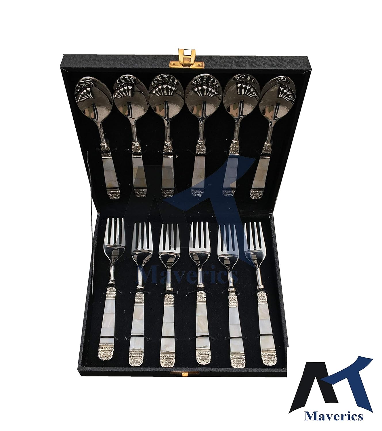 Maverics Classic Cutlery Set with Mother of Pearls & Beautiful Packing 12 Pieces, Set of 6 Dinner Spoon and 6 Serving Fork | Home Wedding & Corporate Diwali Gift