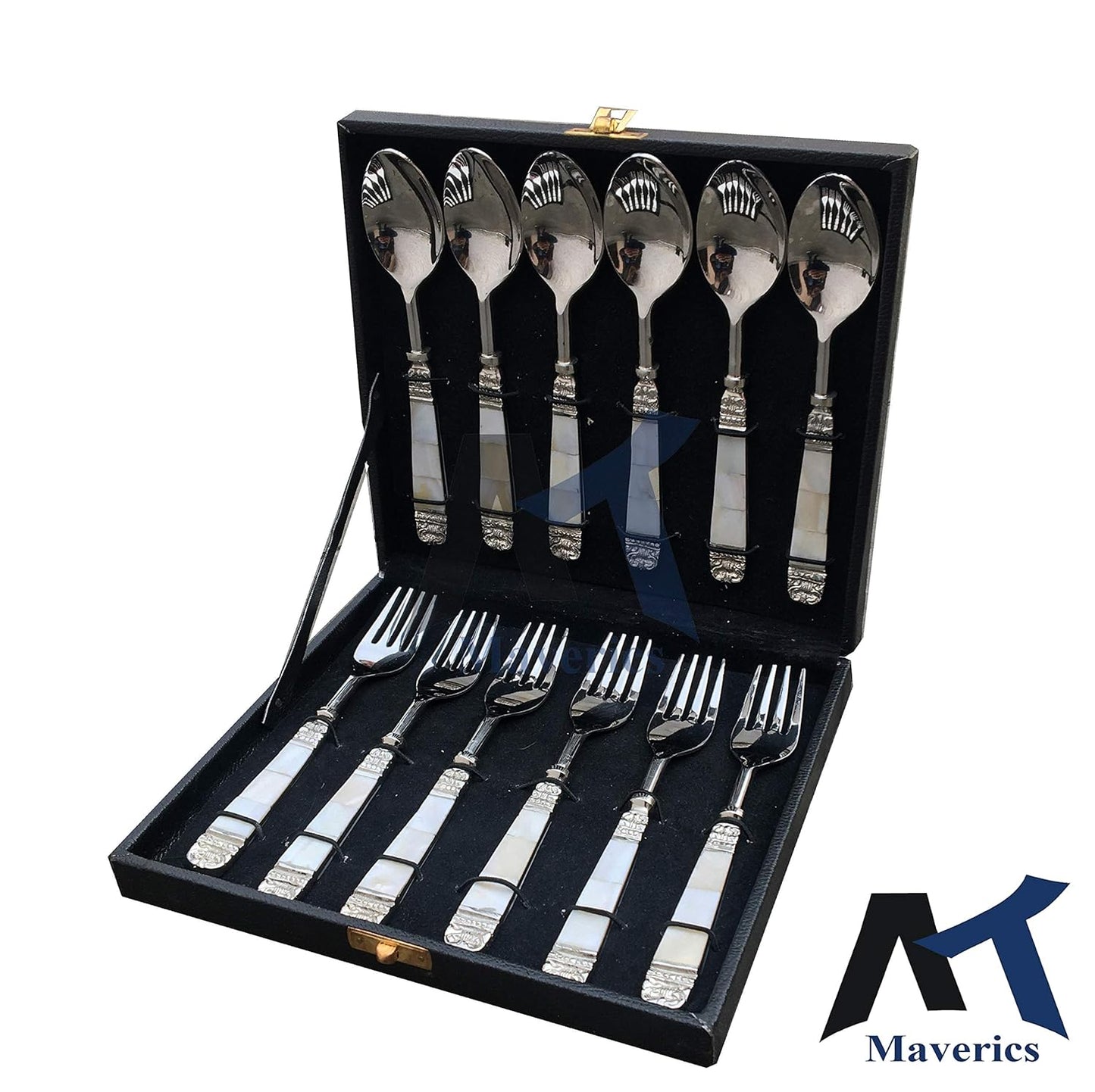 Maverics Classic Cutlery Set with Mother of Pearls & Beautiful Packing 12 Pieces, Set of 6 Dinner Spoon and 6 Serving Fork | Home Wedding & Corporate Diwali Gift