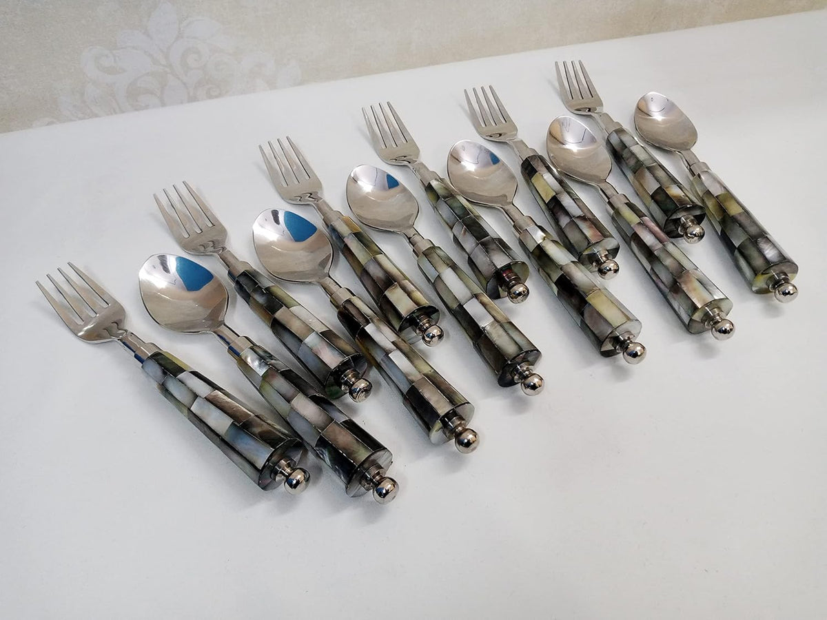 Maverics Black MOP(Mother of Pearl) Handle 6 Spoon & 6 Fork Set for Dining & Kitchen for Your Home