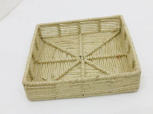 Maverics Handmade Jute Tray for Gift Hamper Packing | Decorative Wedding Dress Serving Platter | Square Small Rope Storage Basket | Organize Home Living Room & Centre Dining Table Brown 14*14*3.2 Inch