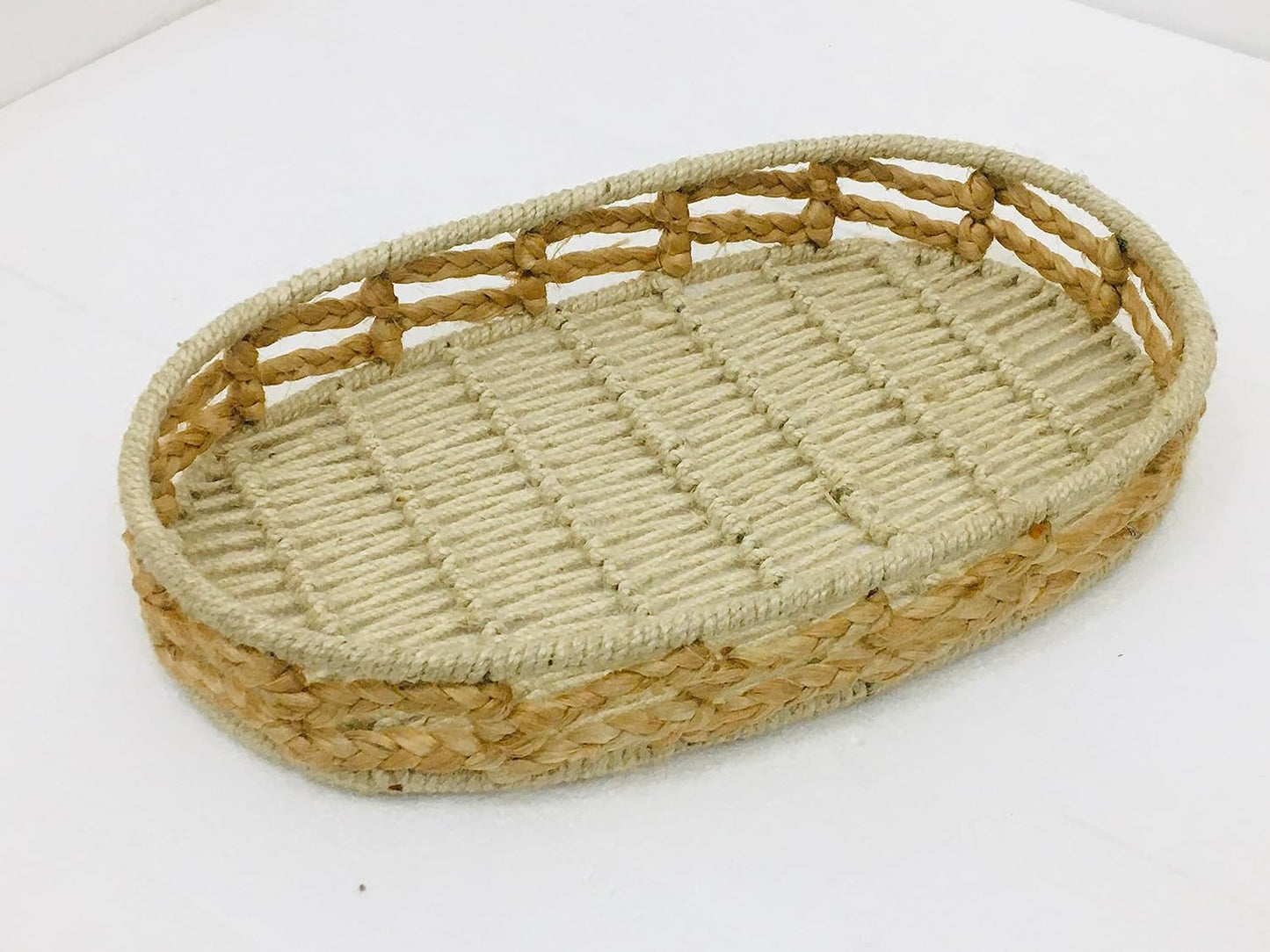 Maverics Handmade Jute Tray for Gift Hamper | Decorative Wedding Dress Serving Platter | Oval Zig Zag Mini Rope Storage Basket | Organize Home Living Room & Centre Dining Table Brown 15.2*10*3.2 Inch