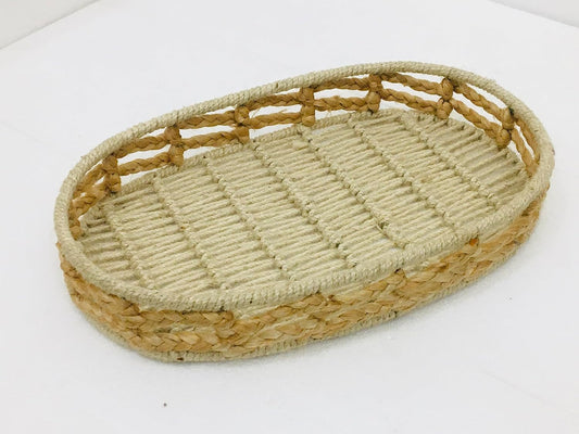 Maverics Handmade Jute Tray for Gift Hamper | Decorative Wedding Dress Serving Platter | Oval Zig Zag Mini Rope Storage Basket | Organize Home Living Room & Centre Dining Table Brown 15.2*10*3.2 Inch