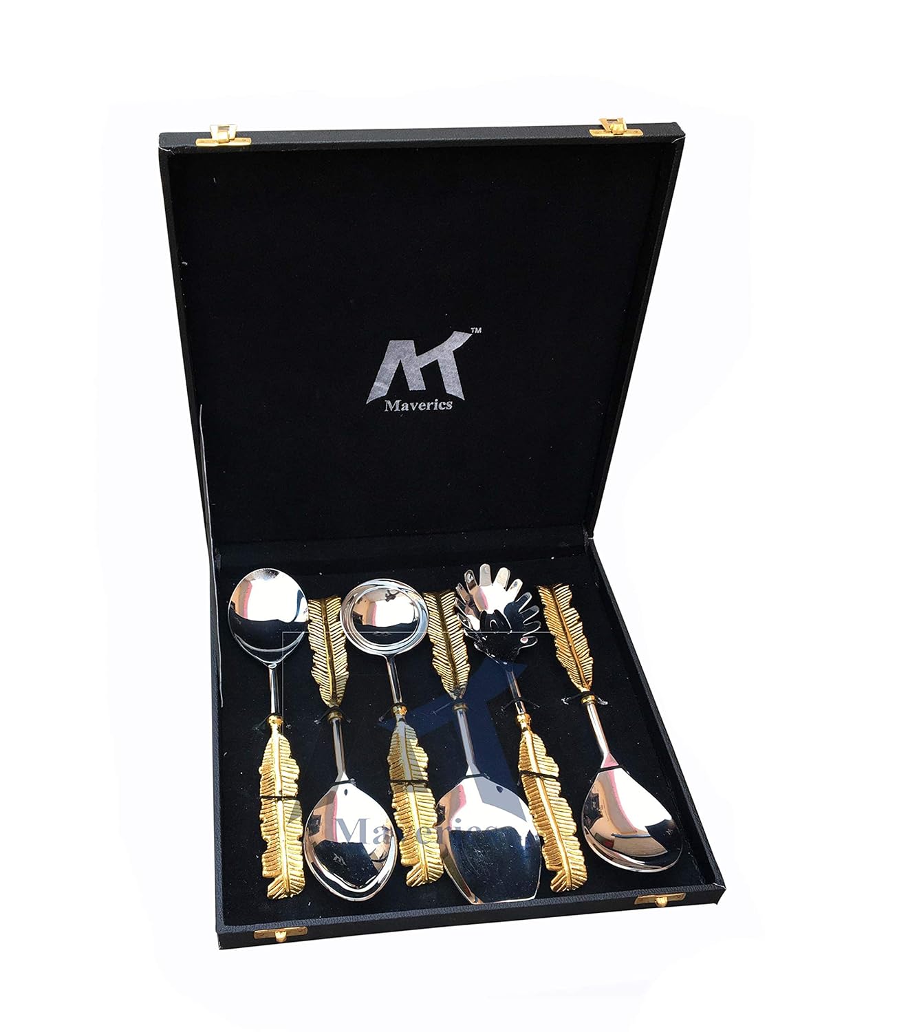 Maverics Exquisite 6-Piece Pure Brass Leaf Handle Serving Spoon Set in Gold, Handmade with Love, Elegant Black Gift Box Included