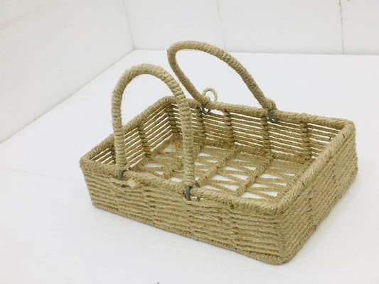 Maverics Handmade Jute Tray for Gift Hamper | Decorative Wedding Dress Serving Platter | Rectangle With Handle Rope Storage Basket | Organize Home Living Room & Centre Dining Table Brown 14*10*10 Inch