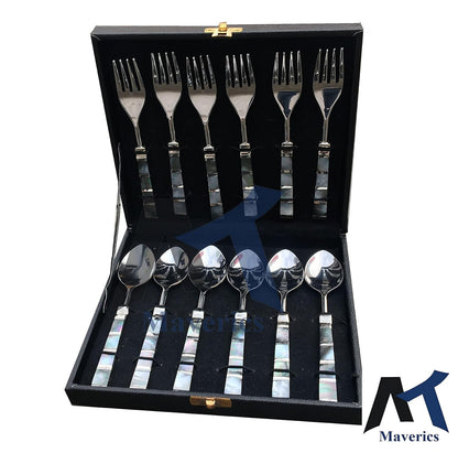 Maverics Black Mother of Pearl Single Design Stainless Steel Set of 6 Serving Spoon and 6 Serving Fork Cutlery Set
