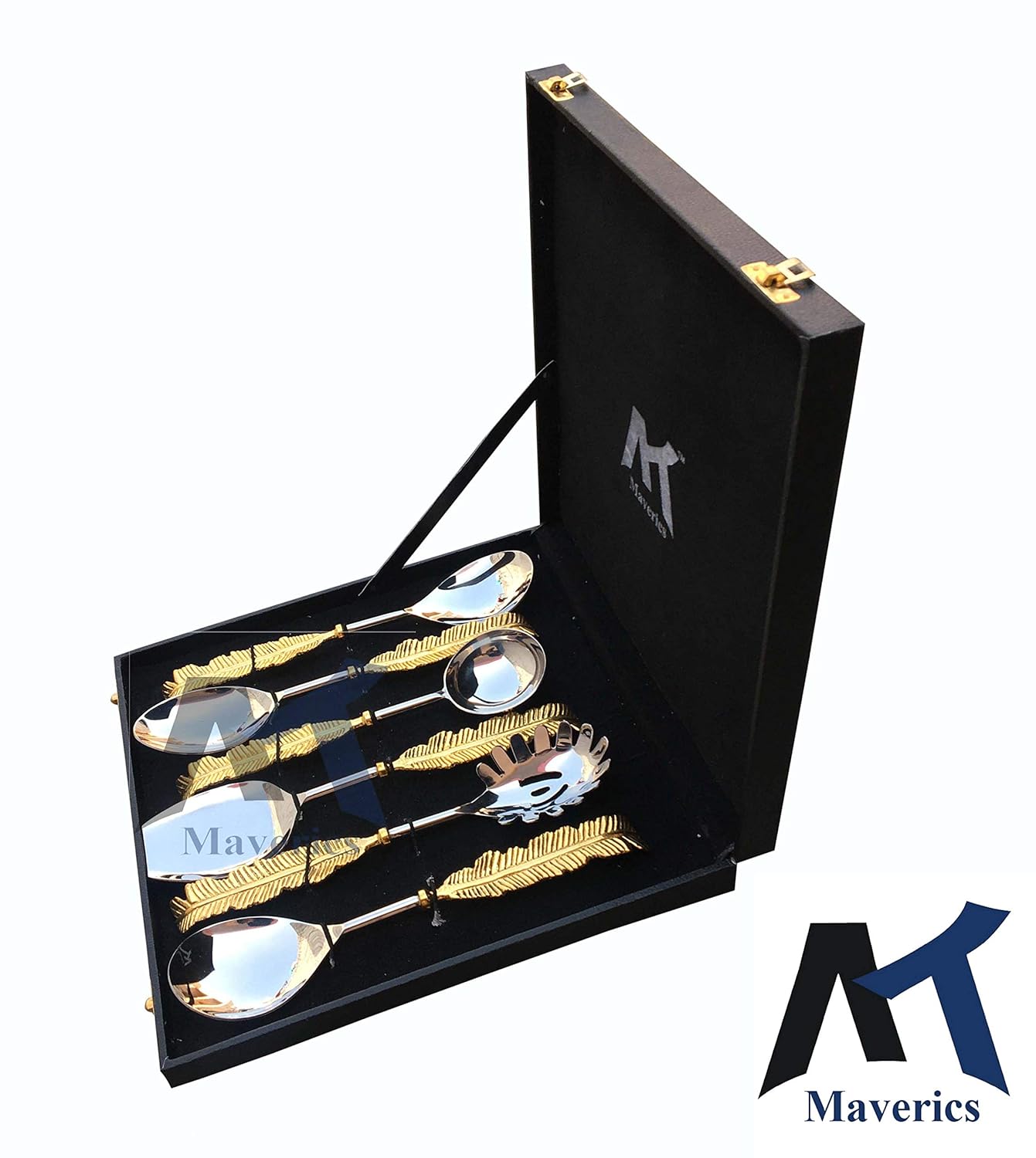 Maverics Exquisite 6-Piece Pure Brass Leaf Handle Serving Spoon Set in Gold, Handmade with Love, Elegant Black Gift Box Included