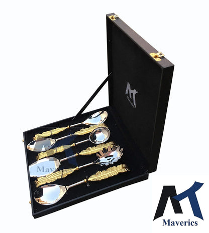Maverics Exquisite 6-Piece Pure Brass Leaf Handle Serving Spoon Set in Gold, Handmade with Love, Elegant Black Gift Box Included