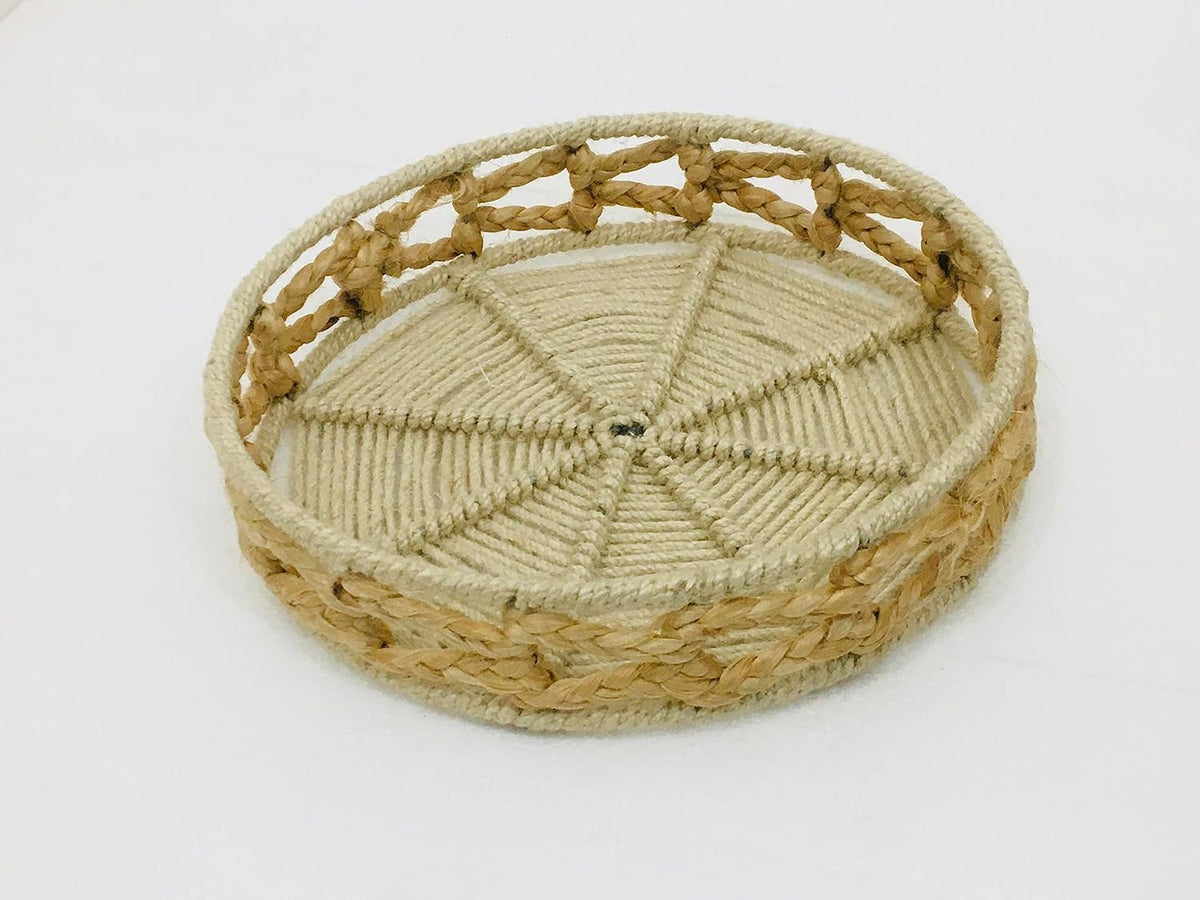 Maverics Handmade Jute Tray for Gift Hamper | Decorative Wedding Dress Serving Platter | Round V-Design Mini Rope Storage Basket | Organize Home Living Room & Centre Dining Table Brown 14*14*3.2 Inch