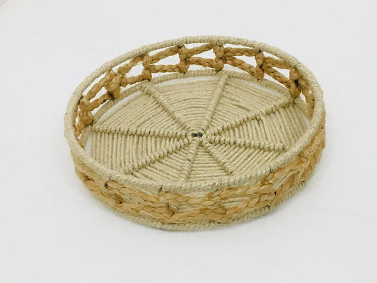 Maverics Handmade Jute Tray for Gift Hamper | Decorative Wedding Dress Serving Platter | Round V-Design Mini Rope Storage Basket | Organize Home Living Room & Centre Dining Table Brown 14*14*3.2 Inch