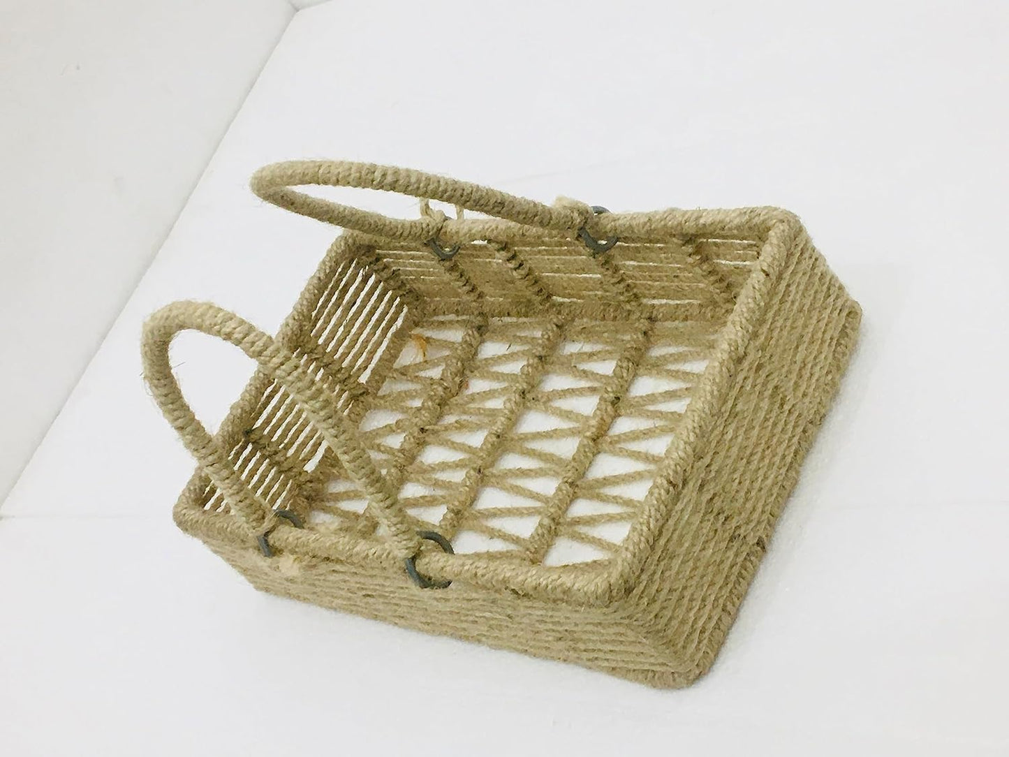 Maverics Handmade Jute Tray for Gift Hamper | Decorative Wedding Dress Serving Platter | Rectangle With Handle Rope Storage Basket | Organize Home Living Room & Centre Dining Table Brown 14*10*10 Inch