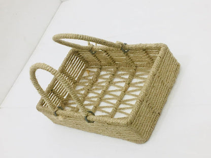 Maverics Handmade Jute Tray for Gift Hamper | Decorative Wedding Dress Serving Platter | Rectangle With Handle Rope Storage Basket | Organize Home Living Room & Centre Dining Table Brown 14*10*10 Inch