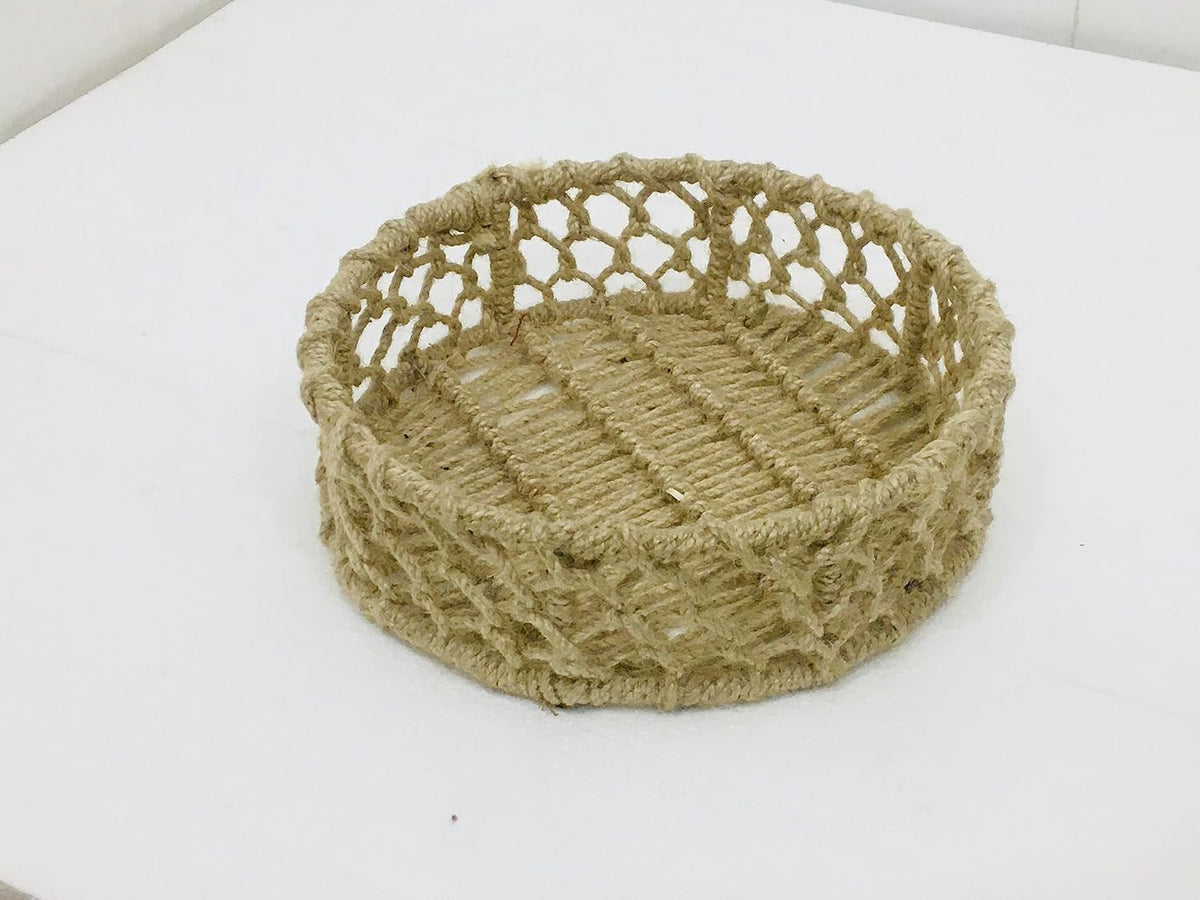 Maverics Handmade Jute Tray for Gift Hamper Packing | Decorative Wedding Dress Serving Platter | Round Open Rope Storage Basket | Organize Home Living Room & Centre Dining Table Brown 14*14*3.2 Inch