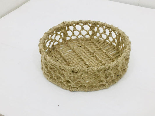 Maverics Handmade Jute Tray for Gift Hamper Packing | Decorative Wedding Dress Serving Platter | Round Open Rope Storage Basket | Organize Home Living Room & Centre Dining Table Brown 14*14*3.2 Inch