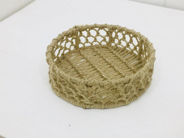 Maverics Handmade Jute Tray for Gift Hamper Packing | Decorative Wedding Dress Serving Platter | Round Open Rope Storage Basket | Organize Home Living Room & Centre Dining Table Brown 14*14*3.2 Inch