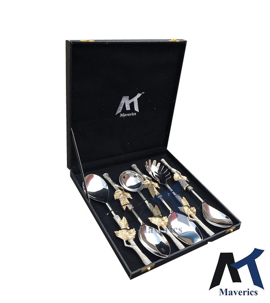 Maverics Aluminium Stainless Steel Handmade Leaf Handle Serving Spoon Set of 6 Piece with Black Gift Box (Gold)