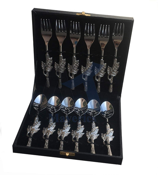 Maverics Aluminium Leaf Handle Design 6 Serving Spoon and 6 Serving Fork Set of 12 PCs Cutlery Set