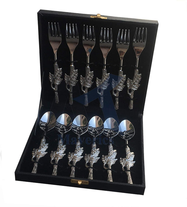 Maverics Aluminium Leaf Handle Design 6 Serving Spoon and 6 Serving Fork Set of 12 PCs Cutlery Set