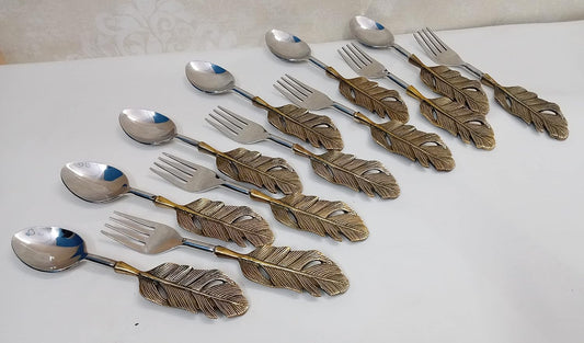 Maverics Vintage Brass Spoon & Fork Set: 6-Piece Antique Color with Brass Handles - Decorative for Home & Kitchen