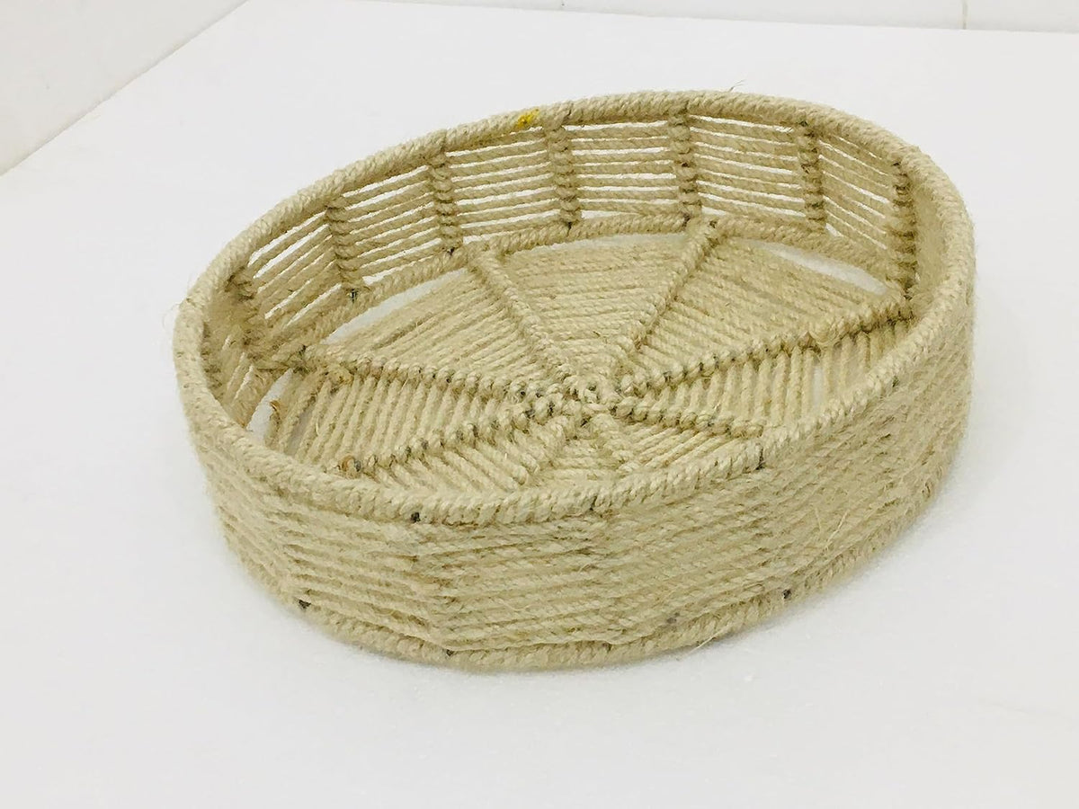 Maverics Handmade Jute Tray for Gift Hamper Packing | Decorative Wedding Dress Serving Platter | Round Mini Rope Storage Basket | Organize Home Living Room & Centre Dining Table Brown 14*14*3.6 Inch